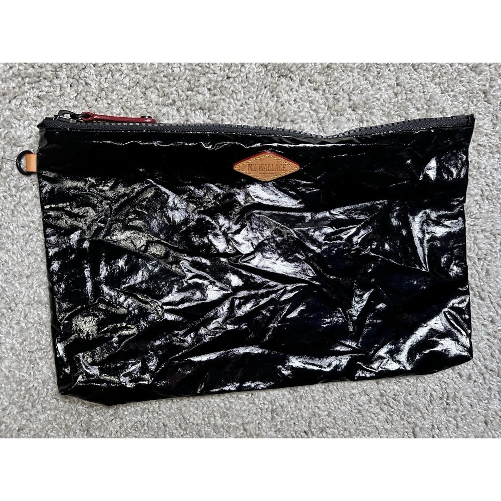 MZ Wallace Black Lacquer Cosmetic Pouch Clutch Patent Nylon Zip Bag